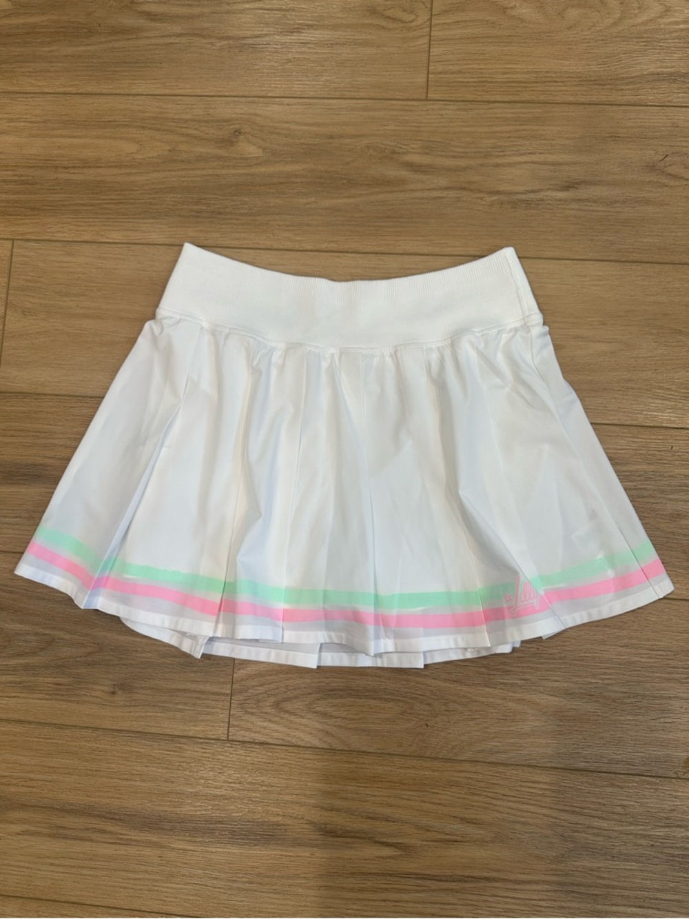 Lilly Pulitzer Luxletic White Pleated Skirt with Pink & Mint Stripe. Size Large